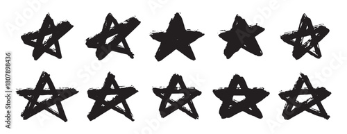 grunge stars doodle set. brush stroke texture, stained distress style stars set. punk rock posters, banners, labels. dirty stars elements