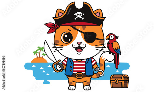 Cute Cartoon Orange Tabby Cat Pirate Character Waving, Wearing a Black Tricorn Hat with Skull & Crossbones, Eyepatch, and Holding a Saber Sword – Fun Adventure and Feline Mascot Illustration.