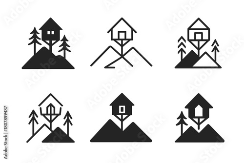 Eco-Lodge Logo Variations. Themed eco-lodges and off-grid retreats. Icon set. Set Logo of themed eco-lodges and off-grid retreats: solar-powered cabin.