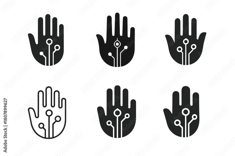 Obraz premium Biohacking Logo Icons. DIY biohacking and body modification. Icon set. Set Logo of self-experimentation: human silhouette with data symbols. harmonious logo