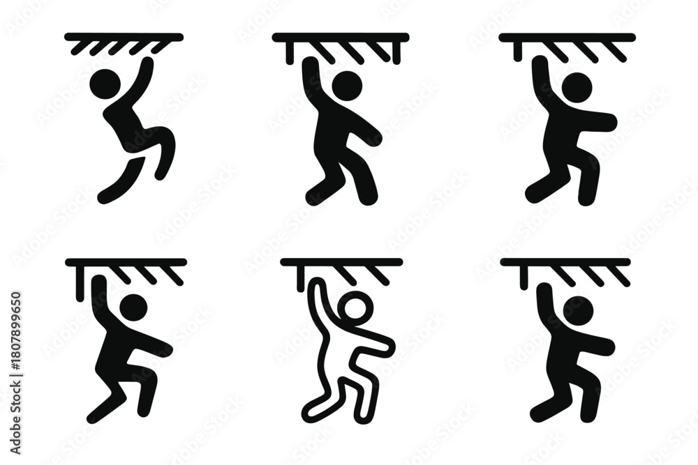 Naklejka premium Dynamic Monkey Bars Icons. Monkey bars. Icon set. Set Logo of motion and energy: dynamic swinging figure on bars. harmonious logo variations of the same