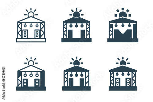Summer Festival Logo Set. Summer music festival themes and decor. Icon set. Set Logo of Summer music festival themes and decor: stage with speakers and lights.