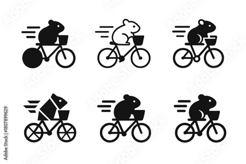 Pet Adventure Logos. Pets in various outdoor adventures. Icon set. Set Logo of Pets in various outdoor adventures: hamster in bicycle basket with wind lines.