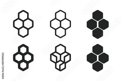 Modular Habitat Icons. Habitat modules. Icon set. Set Logo of Habitat modules: hexagonal modular pods cluster. harmonious logo variations of the same