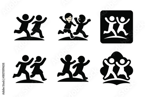 Playful Kids Logos. Chasing kids in the yard. Icon set. Set Logo of Chasing kids in the yard: waving hands in play. harmonious logo variations of the same