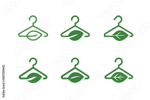 Sustainable Fashion Logos. Eco-conscious fashion shows and events. Icon set. Set Logo of sustainable style: leaf-shaped hanger. harmonious logo variations of