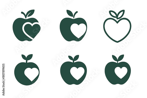 Healthy Aging Icons. Healthy aging. Icon set. Set Logo of healthy aging: heart and leaf. harmonious logo variations of the same emblematic concept, each with