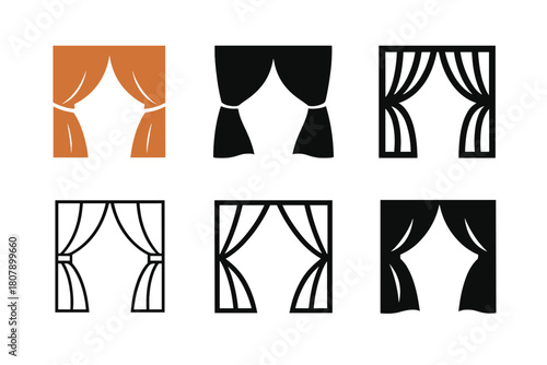 Theater Logo Variations. Theater festivals and events. Icon set. Set Logo of stage performance: theater masks on curtain backdrop. harmonious logo variations