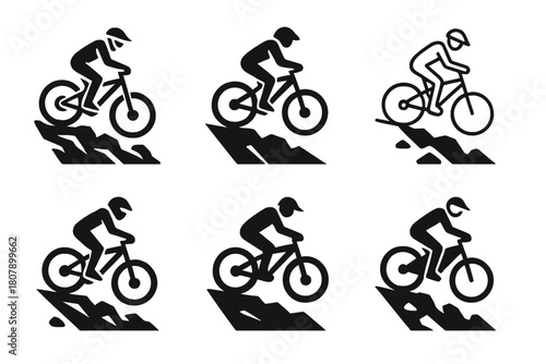 Mountain Biking Logo Set. Mountain biking down a rocky trail. Icon set. Set Logo of mountain biking: downhill descent symbol. harmonious logo variations of the