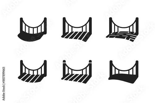 Wooden Bridge Logos. Wooden bridge slat. Icon set. Set Logo of Wooden bridge slat: planked bridge merging into nature leaf. harmonious logo variations of the