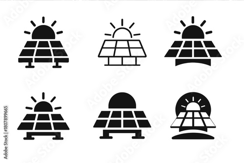 Solar Power Logos. Solar power plants. Icon set. Set Logo of solar power plants: solar farm landscape. harmonious logo variations of the same emblematic