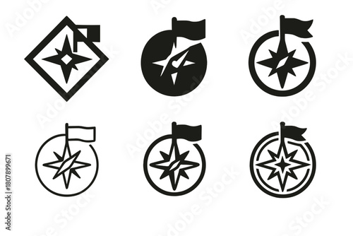International Sticker Variations. International sticker. Icon set. Set Logo of International sticker: compass and flag icons. harmonious logo variations of the