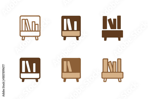 Modern Bookshelf Logos. A modern bookshelf with clean lines and a wood finish. Icon set. Set Logo of A modern bookshelf with clean lines and a wood finish: