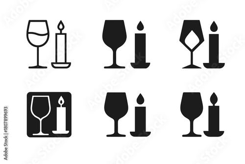 Romantic Logo Icons. Romantic dinner dates and intimate moments. Icon set. Set Logo of romantic moments: wine glass and candle. harmonious logo variations of