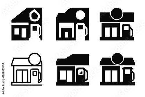 Highway Rest Stop Icons. Highway rest stop scene. Icon set. Set Logo of Highway rest stop scene: highway view with parked RV. harmonious logo variations of the