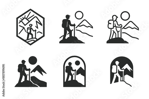 Scenic Logo Variations. Nature walks in unspoiled environments. Icon set. Set Logo of scenic viewpoint: hiker overlooking mountains. harmonious logo variations