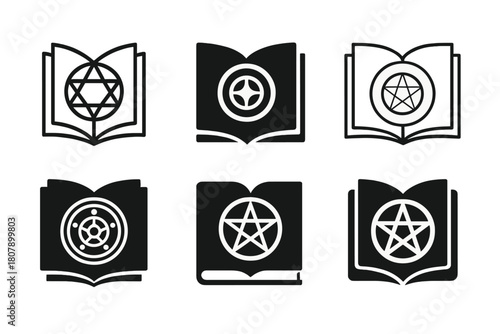 Occult Symbol Logos. Occult Books. Icon set. Set Logo of Occult Knowledge: Magic Circle on Page. harmonious logo variations of the same emblematic concept,