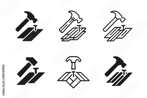 Wooden Floor Logos. Laying down wooden floorboards. Icon set. Set Logo of laying down wooden floorboards: staggered plank pattern. harmonious logo variations