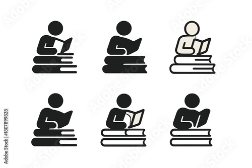 Research Student Logos. Research students working on thesis projects. Icon set. Set Logo of Research students: Stack of books. harmonious logo variations of