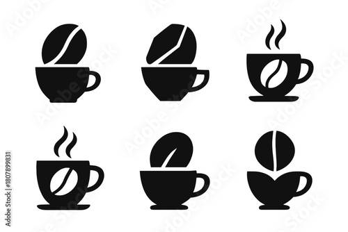 Coffee and Tea Icons. Coffee and tea. Icon set. Set Logo of coffee and tea: coffee bean. harmonious logo variations of the same emblematic concept, each with