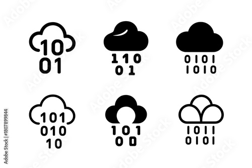 Cloud Solution Icons. Digital transformation in business. Icon set. Set Logo of cloud solutions: cloud with binary rain. harmonious logo variations of the same