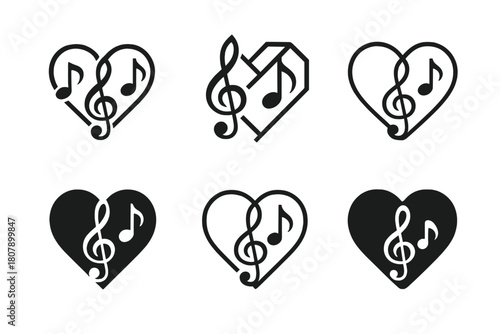 Therapeutic Music Logos. Music as a therapeutic tool. Icon set. Set Logo of Music as a therapeutic tool: hand holding musical note. harmonious logo variations
