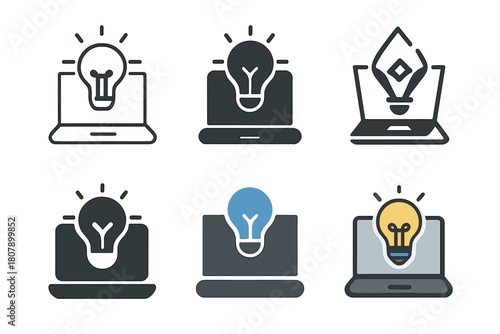Tech Logo Variations. Learning new technologies. Icon set. Set Logo of Learning new technologies: open laptop with digital light bulb. harmonious