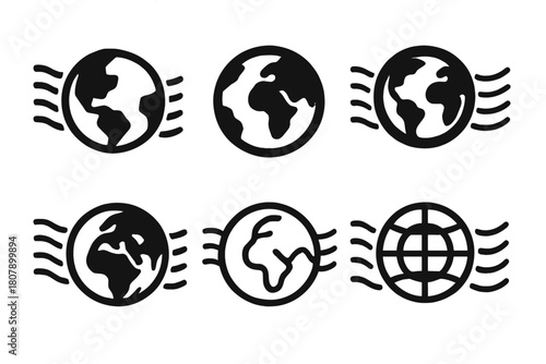 Global Postage Emblems. Postmark ink. Icon set. Set Logo of global postage: Earth with postal stamp ring. harmonious logo variations of the same emblematic