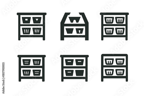 Home Storage Icons. Home storage solutions. Icon set. Set Logo of home storage: stackable boxes. harmonious logo variations of the same emblematic concept,