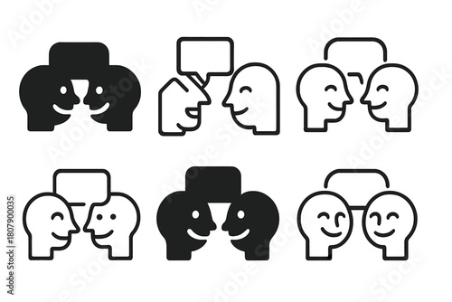 First Date Emblems. First date experiences. Icon set. Set Logo of shared laughter: smiling faces in dialogue. harmonious logo variations of the same emblematic