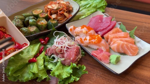 Sushi platter with vibrant rolls, sashimi, and garnishes on a wooden table in a cozy setting