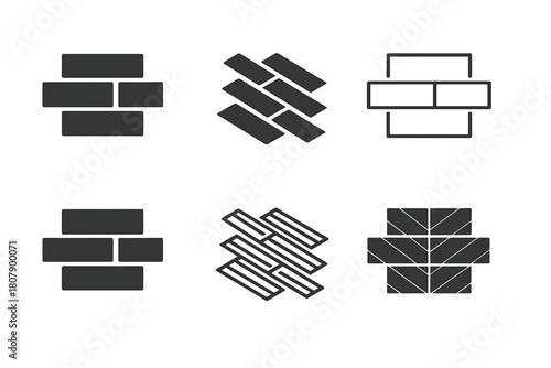 Wooden Floor Logos. Laying down wooden floorboards. Icon set. Set Logo of laying down wooden floorboards: staggered plank pattern. harmonious logo variations