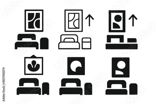 Stylish Bedroom Upgrades Icons. Upgrading your bedroom with stylish decor. Icon set. Set Logo of upgrading your bedroom with stylish decor: decorative wall