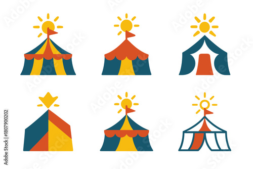 Festival Logo Icons. Summer music festival themes and decor. Icon set. Set Logo of Summer music festival themes and decor: colorful tent and banner. harmonious