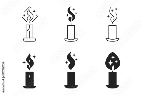 Candle Magic Icons. Candle magic. Icon set. Set Logo of cleansing flame: candle with smoke rising into stars. harmonious logo variations of the same emblematic