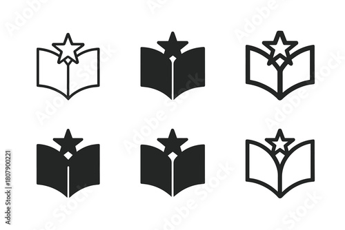 Best-Seller Emblem Variations. Best-seller lists. Icon set. Set Logo of best-sellers: open book with star. harmonious logo variations of the same emblematic
