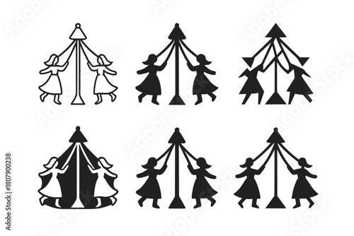 May Day Icons. May Day Festivities. Icon set. Set Logo of May Day: Maypole Dance. harmonious logo variations of the same emblematic concept, each