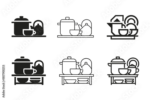 Harmonious Kitchen Logos. Organizing the kitchen after dinner. Icon set. Set Logo of kitchen organization: neatly arranged cookware. harmonious logo variations