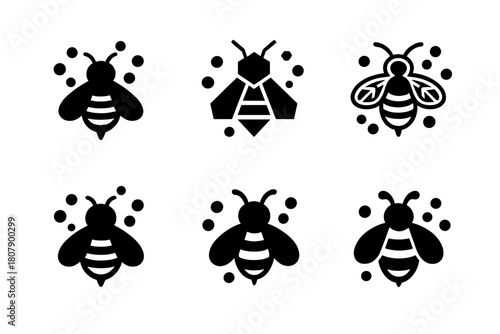 Bee Pollination Logos. The role of bees in pollination. Icon set. Set Logo of pollination: bee and pollen grains. harmonious logo variations of the same