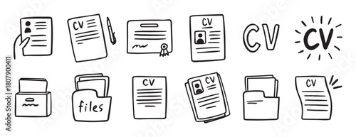 cv and resume and self presentation related doodle hand drawn icon set. Outline drawing cv line clipart symbol collection