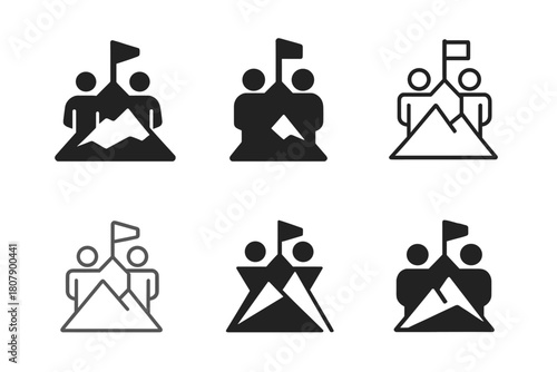Harmonious Teamwork Logos. Teamwork in motion. Icon set. Set Logo of shared goals: mountain summit flag. harmonious logo variations of the same emblematic