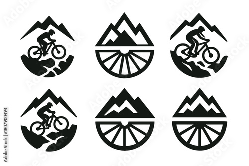 Mountain Bike Logos. Mountain biking down a rocky trail. Icon set. Set Logo of mountain biking: mountain peak and bike wheel. harmonious logo variations of the