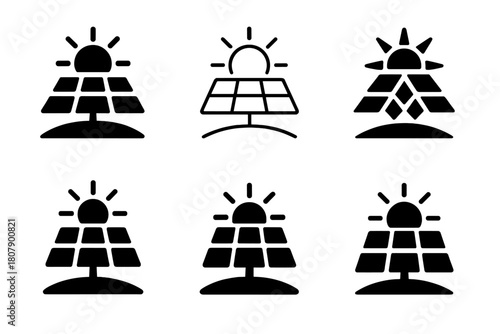 Solar Power Logos. Solar power plants. Icon set. Set Logo of solar power plants: solar farm landscape. harmonious logo variations of the same emblematic