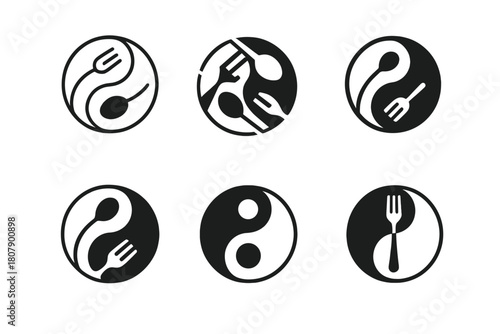 Cuisine Fusion Logos. Cuisine fusions. Icon set. Set Logo of cuisine fusions: yin-yang plate. harmonious logo variations of the same emblematic concept, each