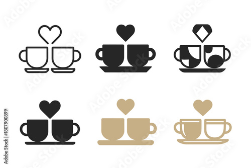 First Date Logos. First date experiences. Icon set. Set Logo of romantic meeting: two coffee cups facing each other. harmonious logo variations of the same