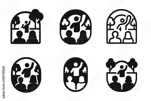 Cultural Performance Logos. A couple enjoying a cultural performance at an outdoor amphitheater. Icon set. Set Logo of Cultural performance: Outdoor
