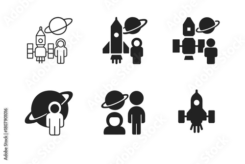 Space Exploration Logos. Human Exploration of the Outer Solar System with Advanced Spacecraft. Icon set. Set Logo of Space Exploration: Interplanetary Travel.