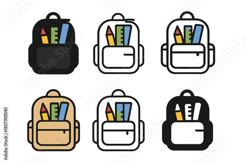 Backpack Icon Set. Backpack with school supplies. Icon set. Set Logo of Backpack: Colored markers. harmonious logo variations of the same emblematic concept