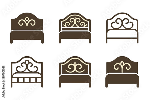 Bedroom Decor Icons. Upgrading your bedroom with stylish decor. Icon set. Set Logo of upgrading your bedroom with stylish decor: statement headboard.