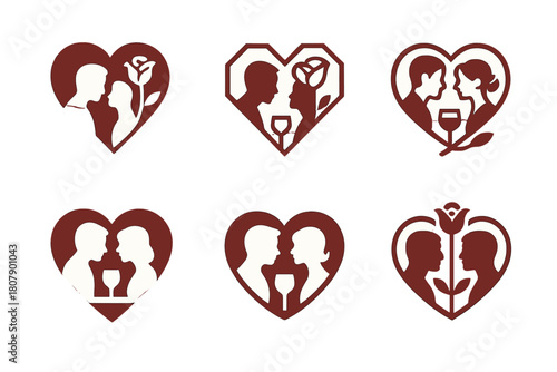 Romantic Logo Variations. Anniversaries and milestone moments in relationships. Icon set. Set Logo of romantic moment: champagne glasses clinking. harmonious